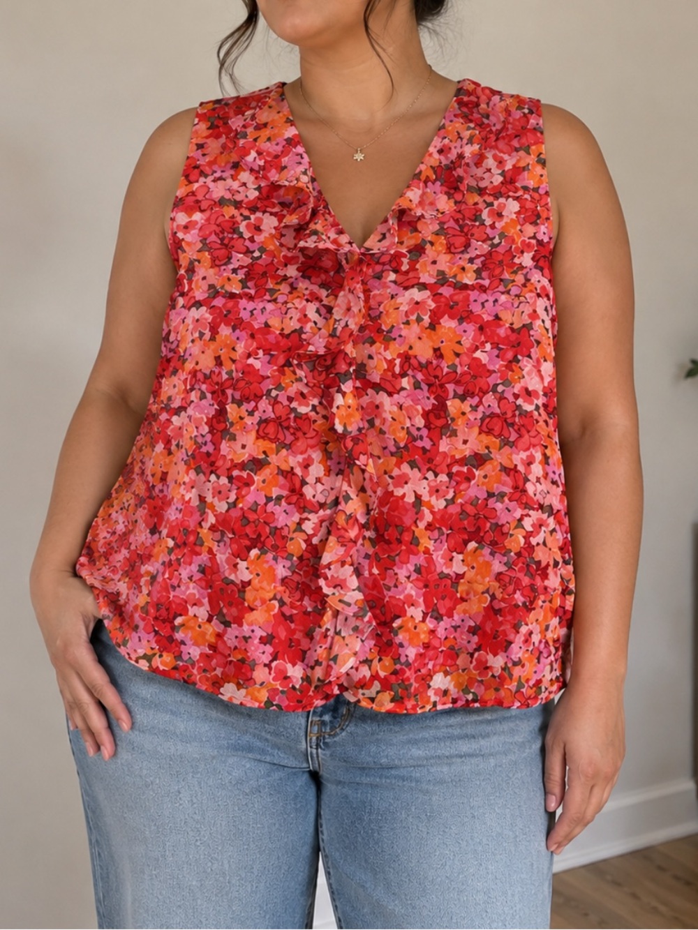 Vince Camuto Red Pink Orange Floral Ruffle V-Neck Camisole
